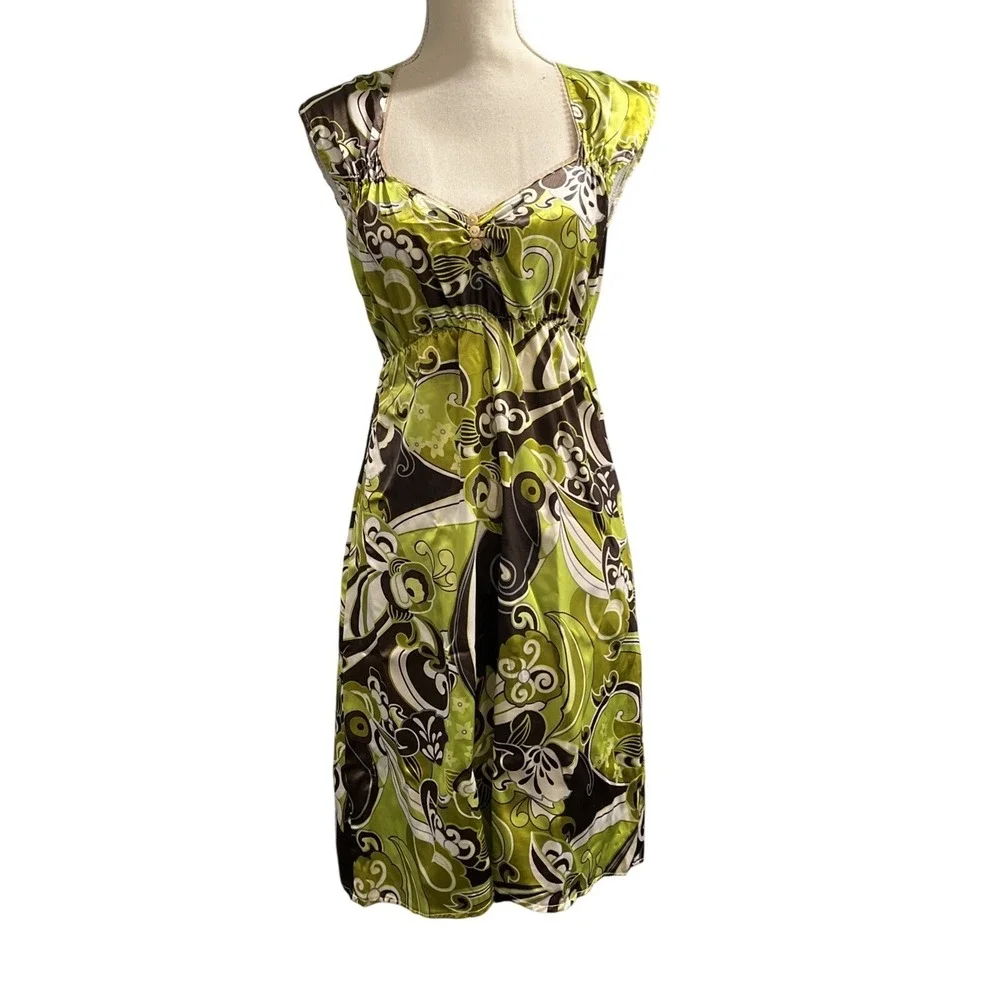 Vintage Y2K Johann Dress Green Brown Satin Babydoll Deep‎ V Size S/M Retro 70s
